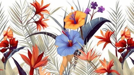 A modern tropical print with palm leaves and flowers. (Illustration, Generative AI)