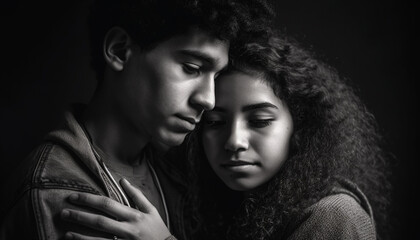 Young adult couple embracing, smiling, in black and white portrait generated by AI