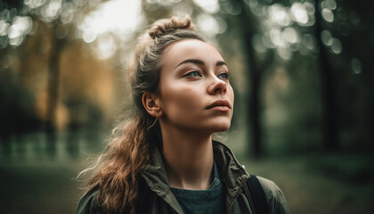 Naklejka premium Young woman in nature, beauty in solitude, looking away generated by AI