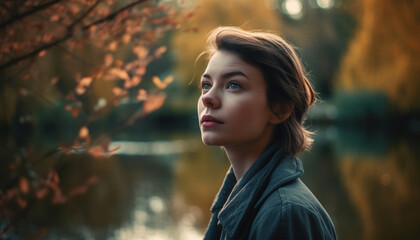 Young woman in autumn forest, beauty in nature, looking away generated by AI