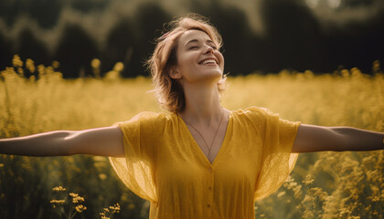 One young woman smiling, enjoying nature beauty in meadow generated by AI