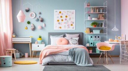 Cheerful teenage bedroom decorated in a pastel color scheme. Generative AI