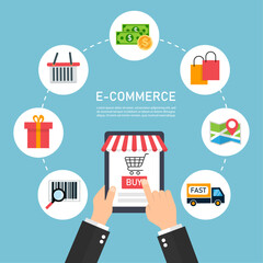 E-Commerce Application Development. Businessmans Hand Holding Tablet Online Shopping. vector illustration flat design. isolated on blue background.