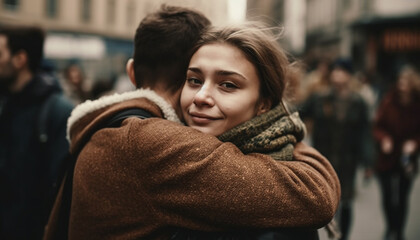 Young couple embracing in warm clothing, smiling with happiness and love generated by AI