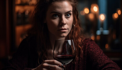 One young woman drinking wine, enjoying nightlife and relaxation generated by AI