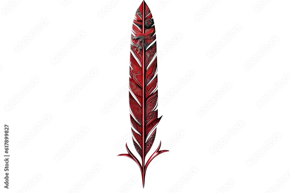 Poster red feather isolated on white. generated by ai.