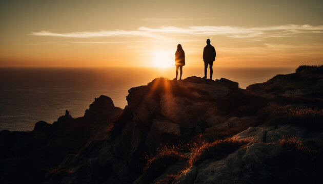 Silhouette of two people standing on mountain peak at sunset generated by AI