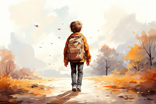 Illustration of a boy Child Walking to School with Backpack, a Painted Journey