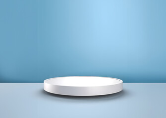 Abstract minimal concept. Modern white podium stage platform display on blue background room. Mock up template for product presentation. 3D rendering. copy text space
