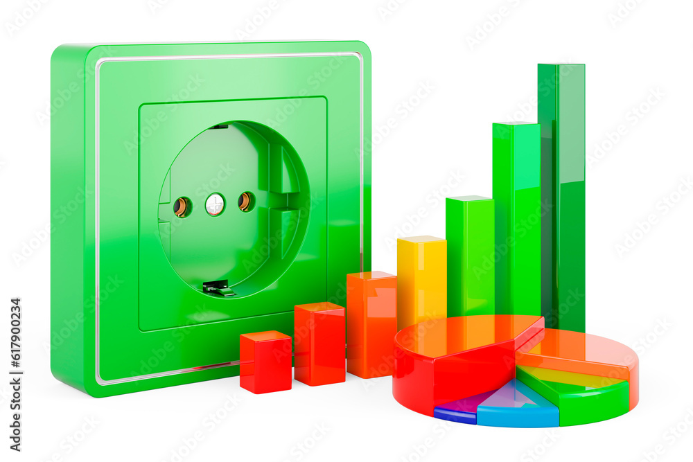 Poster electrical outlet, socket with growth bar graph and pie chart. 3d rendering