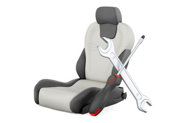 Leather bucket seat auto with screwdriver and wrench. 3D rendering