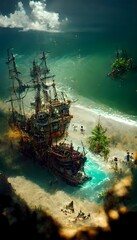 isometric viewrendering beachforest skeleton pirates clear water high detailrealistic Highdetailed photographs pirate movie realistic reflections Realistic atmosphere FINAL FANTASYMonster Hunter no 