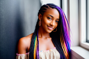 Digital photo of young  smiling cool black woman with colorful braided, standing in the campus of the university or college. Back to School concept. Generative AI