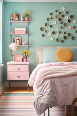 Fototapeta na wymiar Cheerful teenage bedroom decorated in a pastel color scheme. Generative AI