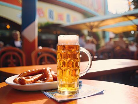 Closeup picture of grilled weisswurst sausages and glass of light beer standing on restaurant table in a pub bar during Oktoberfest party. Generative AI