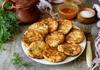 Vegetable pancakes on a beautiful plate for lunch for the whole family. Potato pancakes on a plate on a gray background. Close-up