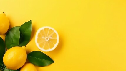 Fresh ripe citrus lemons on vivid yellow background with space for text