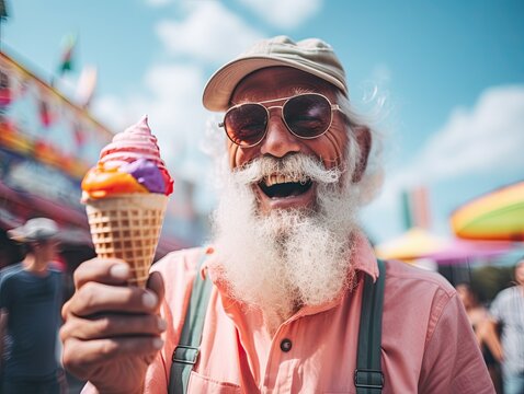 A portrait of Happy smiling joyful senior aged gray bearded old man grandfather eating rainbow ice cream during a festival in the amusement park. Generative AI