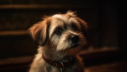 Cute small terrier sitting outdoors, looking at camera with fluffy fur generated by AI