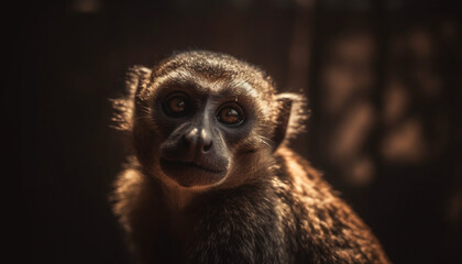 Cute primate staring with focus on foreground, yellow eyes shining generated by AI