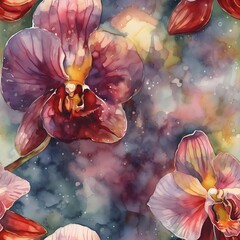 A seamless pattern featuring watercolored orchid flowers in different sizes and colors. Generative AI