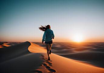 frau animiert rennt auf einer düne in den sonnenuntergang urlaub holiday abudhabi dubai wüste sonne generative ai