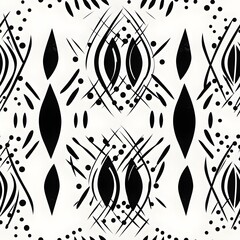 
A seamless pattern featuring minimalistic digital art inspired by boho style with black, white an cream colored shapes. Generative AI.