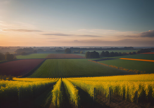 cartoon landschaft wiese feld sonneblume raps ernte landwirtschaft bauernhof nachhaltig - sommer sonne herbst - fiktive szenen generative ai ki