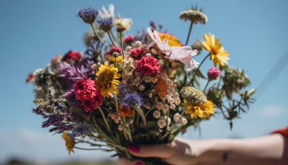 Fresh bouquet of multi colored wildflowers held in hand outdoors generated by AI