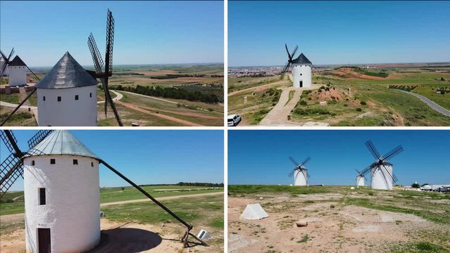 Molinos de viento blancos, grabados con dron. Video publicitario de un paisaje tipico espa&ntilde;ol