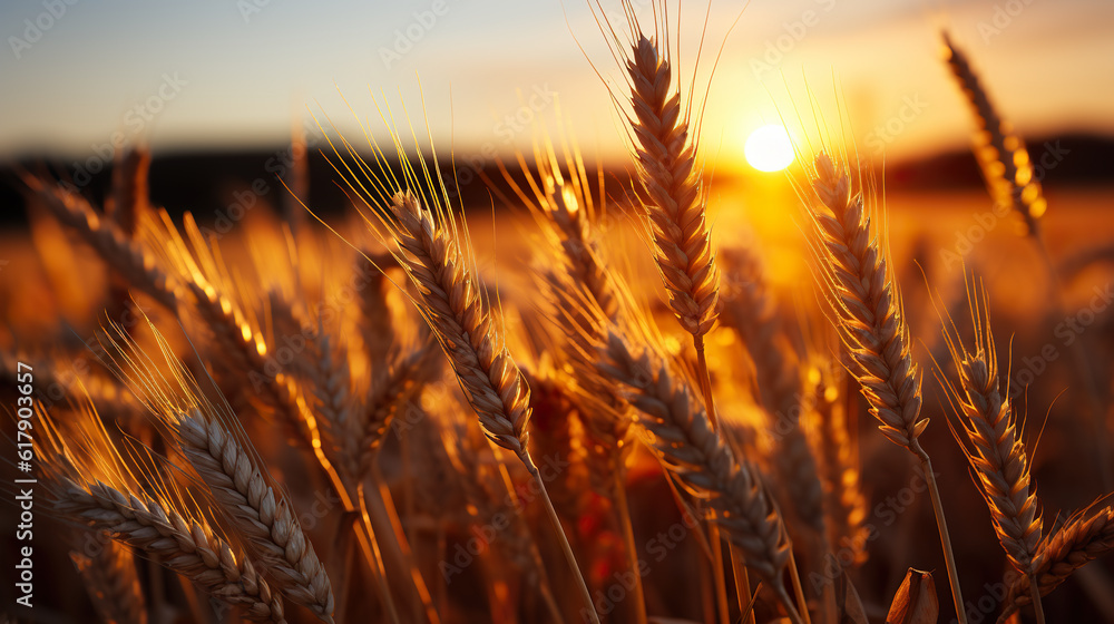 Poster a field of wheat with the sun setting in the background. generative ai.