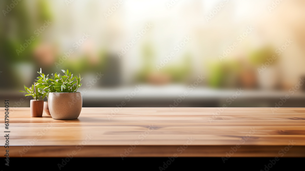 Poster wooden board table with a flower in front of a blurry background. created with generative ai technol