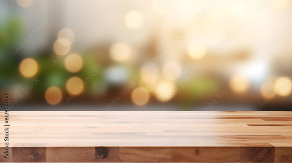 Poster wooden board blank table in front of a blurry background. created with generative ai technology.