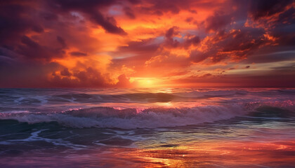 Vibrant sunset over tranquil waters, reflecting dramatic sky and beauty generated by AI