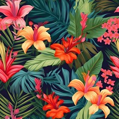 A seamless pattern with tropical elements like palm leaves, exotic flowers, and vibrant colors, evoking a sense of paradise and relaxation. Generative AI