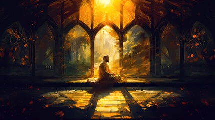 illustration a yogi meditates in the radiant silence of a temple - obrazy, fototapety, plakaty