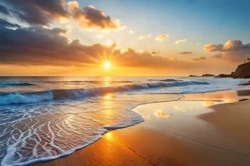Crédence en verre imprimé Coucher de soleil sur la plage An image of a vibrant sunset over a serene lake, with colorful reflections shimmering on the water