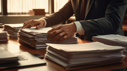Businessman hands working in Stacks of paper files for searching information on work desk in office, business report papers.Created with Generative AI technology. - obrazy, fototapety, plakaty