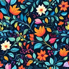 A seamless pattern featuring intricate and colorful floral elements such as flowers, leaves, and vines, creating a vibrant and nature-inspired design. Generative AI