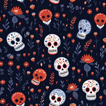Minimalistic seamless pattern watercolor dia de los muertes skulls and flowers on dark blue background repeating design. Textiles, banners, wallpapers, prints, wrapping design. Generative AI