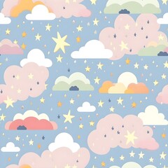A seamless pattern in soft and delicate pastel colors, featuring elements like clouds, stars, rainbows, and flowers, creating a whimsical and dreamy atmosphere. Generative AI