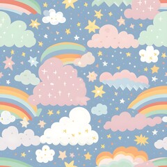 A seamless pattern in soft and delicate pastel colors, featuring elements like clouds, stars, rainbows, and flowers, creating a whimsical and dreamy atmosphere. Generative AI