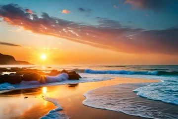 Tuinposter Strand zonsondergang a painting of a sunset over the ocean with waves crashing on the shore and clouds in the sky over the ocean and the beach area