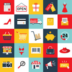 online shopping collection flat icons. vector illustration style modern design. e-commerce color symbol set. simple web store sign. element is trade basket, cart, electronic payment.