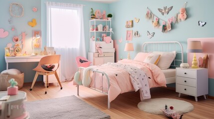 Cheerful teenage bedroom decorated in a pastel color scheme. Generative AI