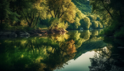 Fototapeta na wymiar Tranquil scene of nature beauty forest, water, reflection, tree generated by AI