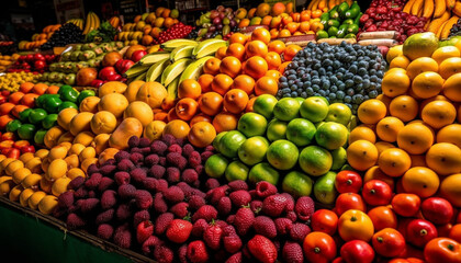 Naklejka na ściany i meble Abundance of juicy, multi colored fruits in a large basket generated by AI