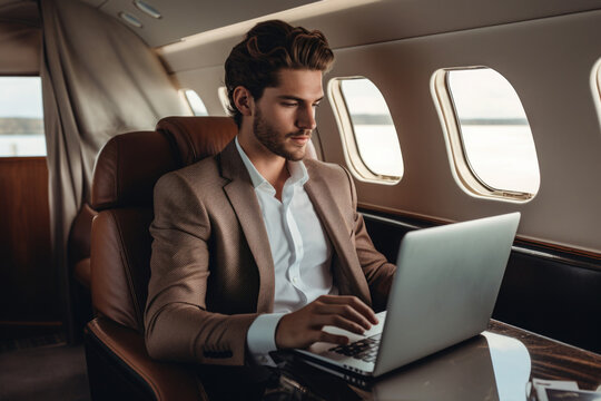 Rich successful person flies on a private plane and works. Businessman using laptop in business jet. Luxury lifestyle. Created with Generative AI