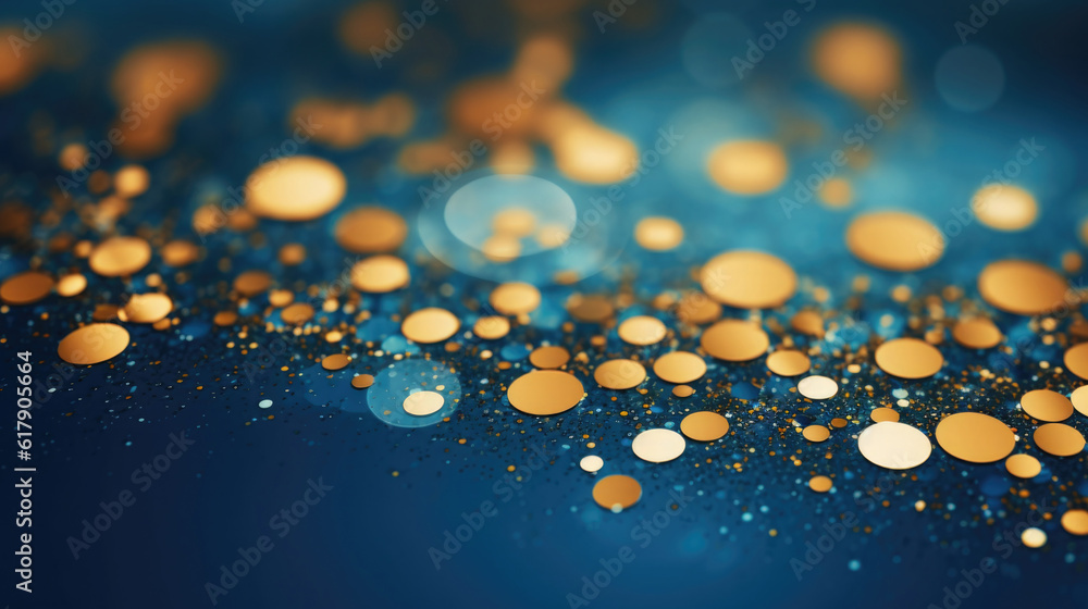 Poster background with abstract sparkles on blue background. golden glitter particles on dark background. a