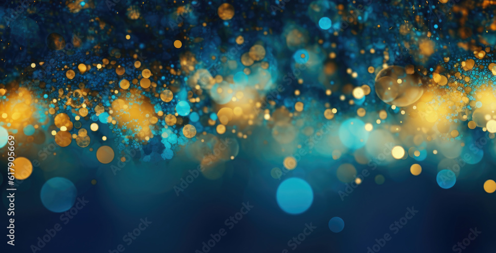 Poster background with abstract sparkles on blue background. golden glitter particles on dark background. a